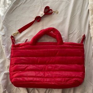 Estée Lauder red puffer tote cross body travel bag